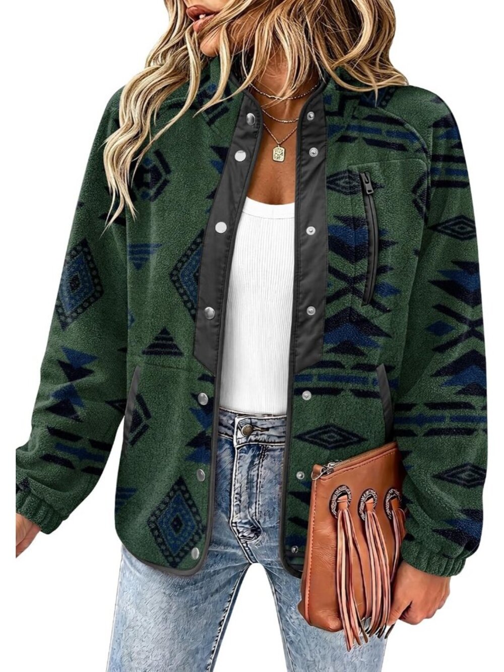 Women's Green Fleece Jacket Western Aztec Print Snap Button Down Outerwear